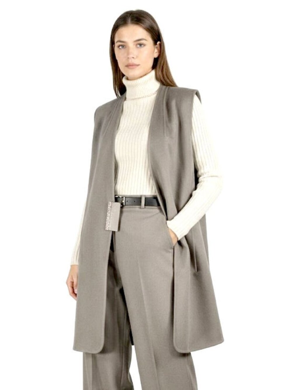 Lafayette 148 NY 100% Cashmere Taupe Long Vest with Monili Detail, Womens Size L